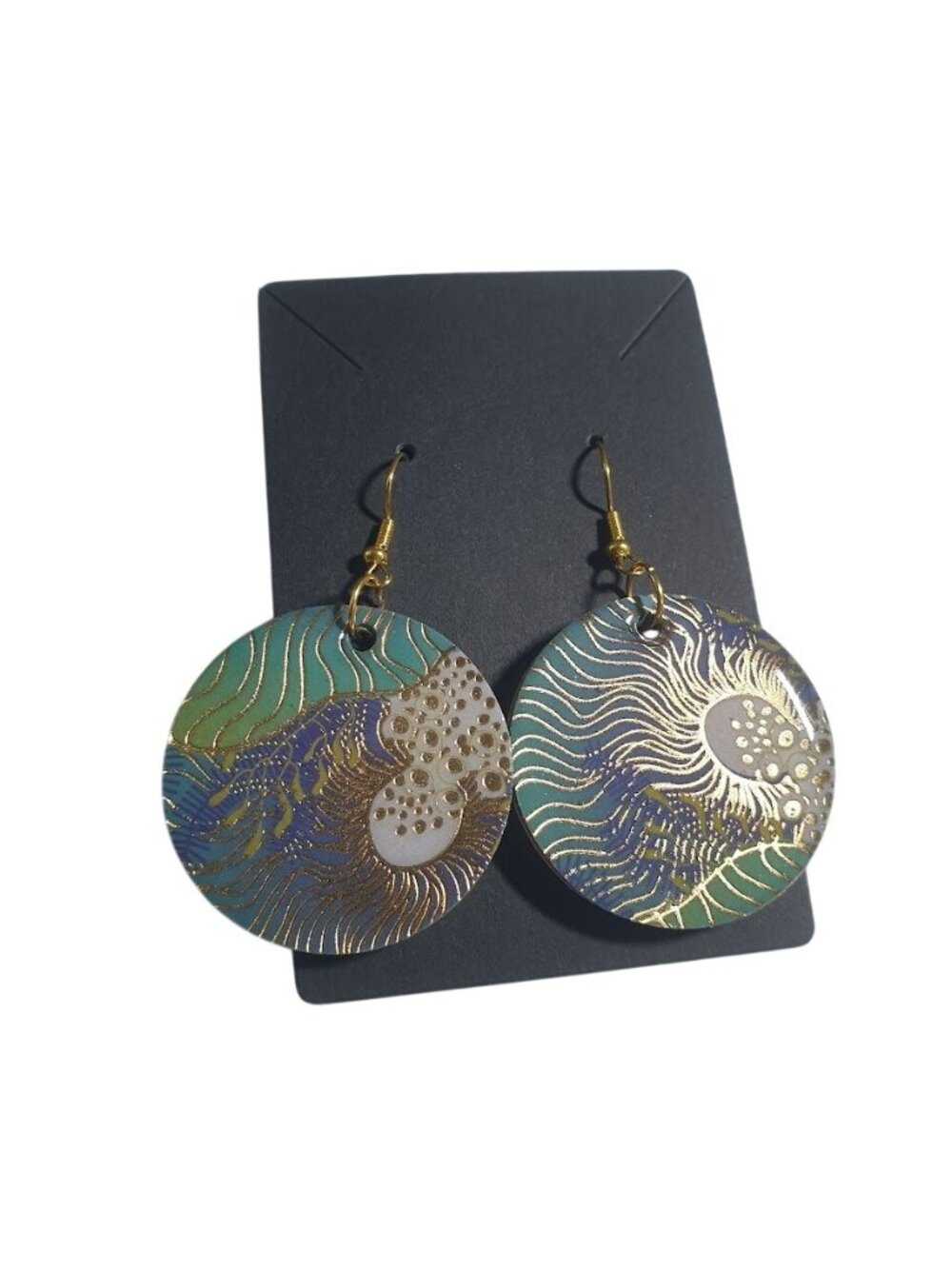 Handmade Round Dangle Earrings Abstract Gold Blue Green Hook Lightweight Jewelry